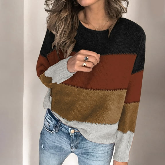 TMOYZQ Womens Sweaters 2025 Fall Ultra-Soft Crochet Long Sleeve Business Casual Outfit Crewneck Color Block Fashion Top Knit Pullover Sweater Outfits