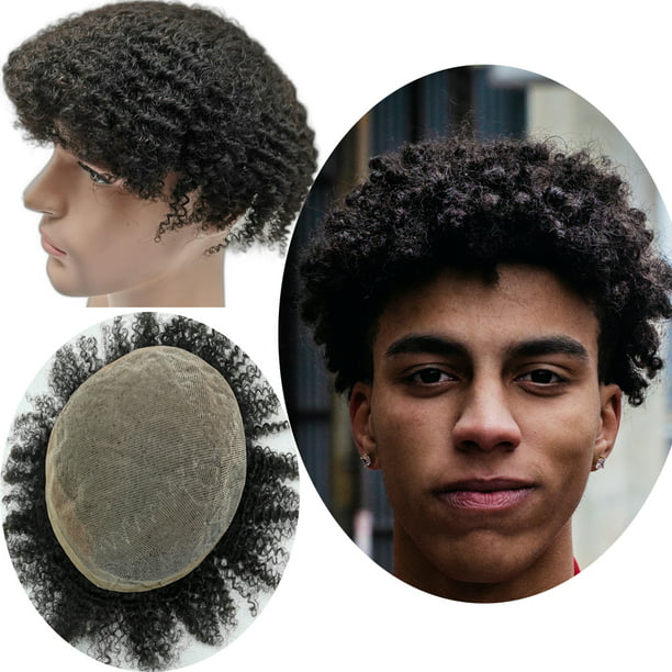 Afro Curl Toupee for Black Men African Toupee for Men Yanahair hair pieces  Mens Toupee Replacement System mens lace hairpiece Real Human Hair Men  Breathable Fine French Lace Hair System (8mm #1) -