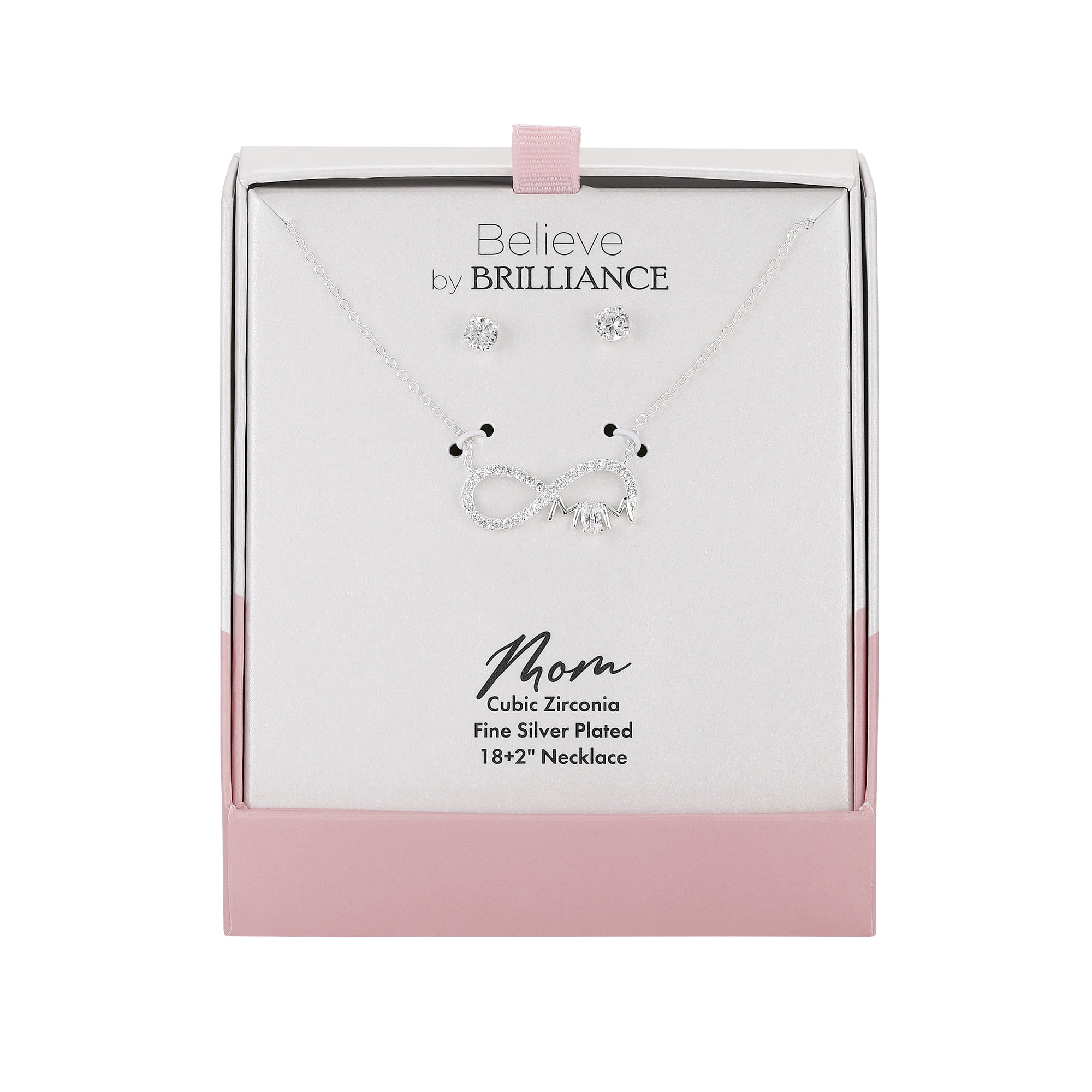 Believe by Brilliance Women's Cubic Zirconia Infinity 'Mom' Necklace and Stud Set, 16+2"