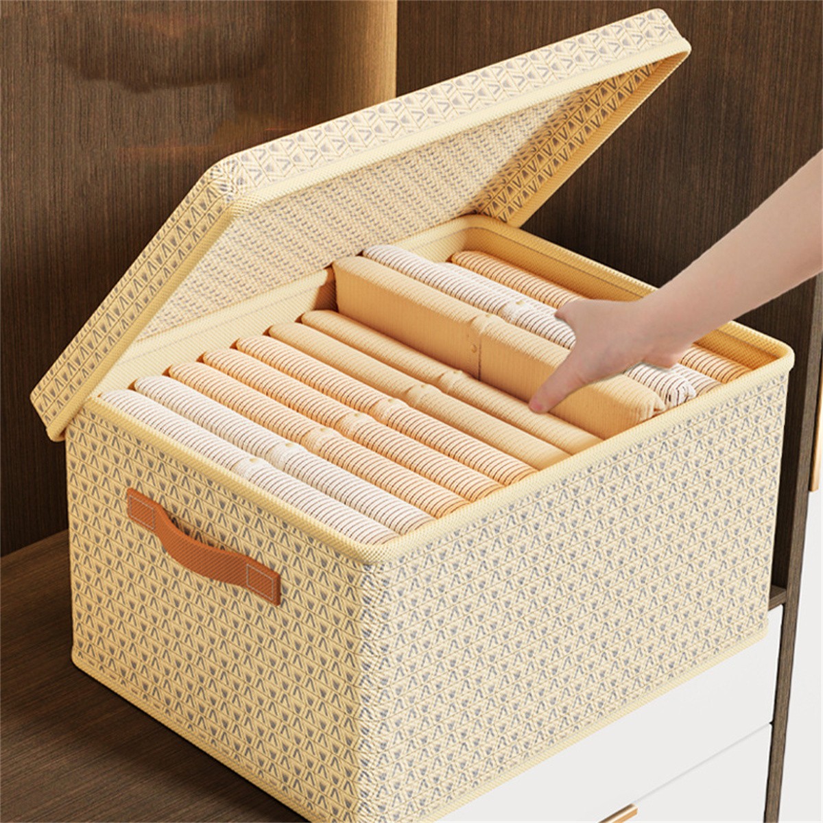 Clothing Storage Bins with Lid, Foldable Storage Baskets for Organizing Shelves Bedroom, Fabric Bins with Handles, Set of 2, Beige