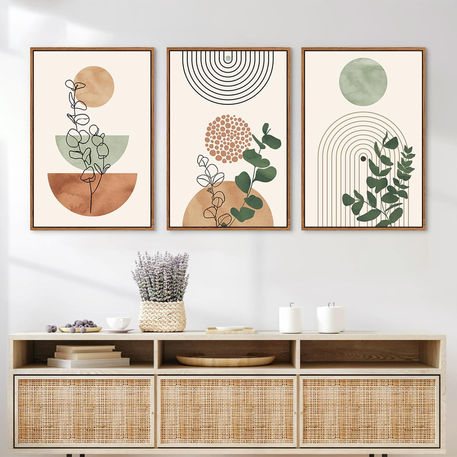 Boho Terracotta Green Framed Canvas Wall Art Set, Abstract Bohemian Wall Decor, Mid Century Modern Geometric Wall Painting, Neutral Botanical Art Print Living Room, Bedroom, Office 16"x24"x3
