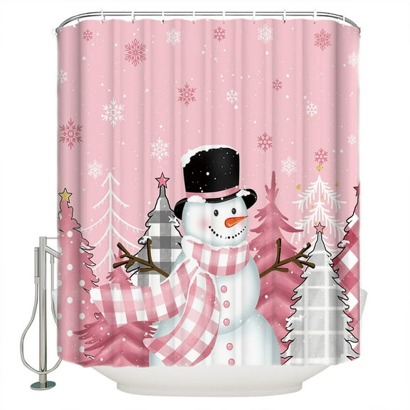 Hokiten Shower Curtain, Snowman Christmas, Fabric Shower Curtains for Bathroom, Blush Pink Tree Plaid Dot Bath Curtain Waterproof Bathtub Curtains with 12 Hooks, Large 72" x 78"