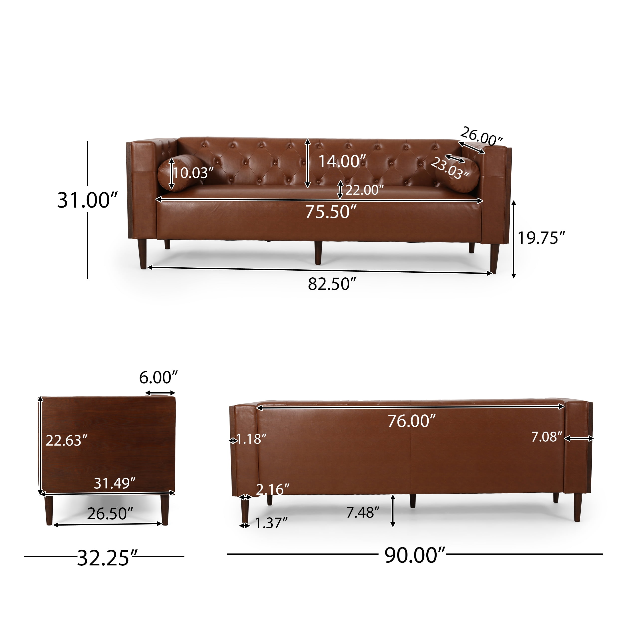 Noble House Hennessey Tufted Faux Leather Sofa, Cognac Brown, Espresso