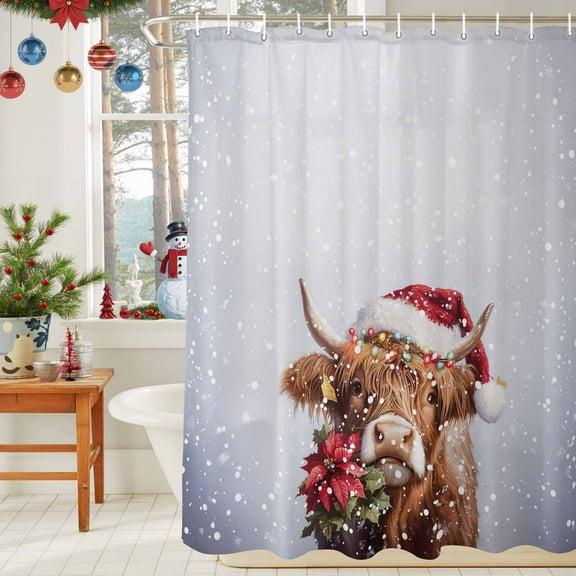 Shower Curtain Bathroom Set Highland Cattle Christmas Poinsettia Flower Waterproof Fabric Shower Curtains with Grommets&Hooks Winter Snow Seamless Privacy Bath Curtain for Bathtub 36x72in