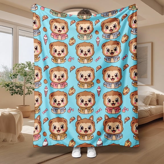 Cute Kawaii Style Flannel Blanket Adorable Cartoon Bear Pattern Soft Cozy Throw For Kids Bedroom Living Room 50X60IN