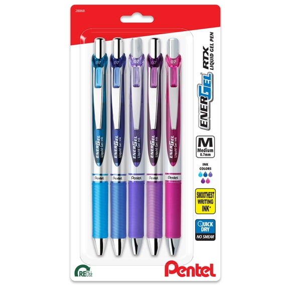 Pentel EnerGel RTX Retractable Liquid Gel Pens 0.7mm 5/Pkg-Right Brain Expressions