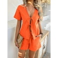 thumbnail image 4 of Women'S Summer Short Sets Front Tie V Neck Shirt Tops Matching Casual Shorts 2 Piece Outfits Orange Color M, 4 of 9