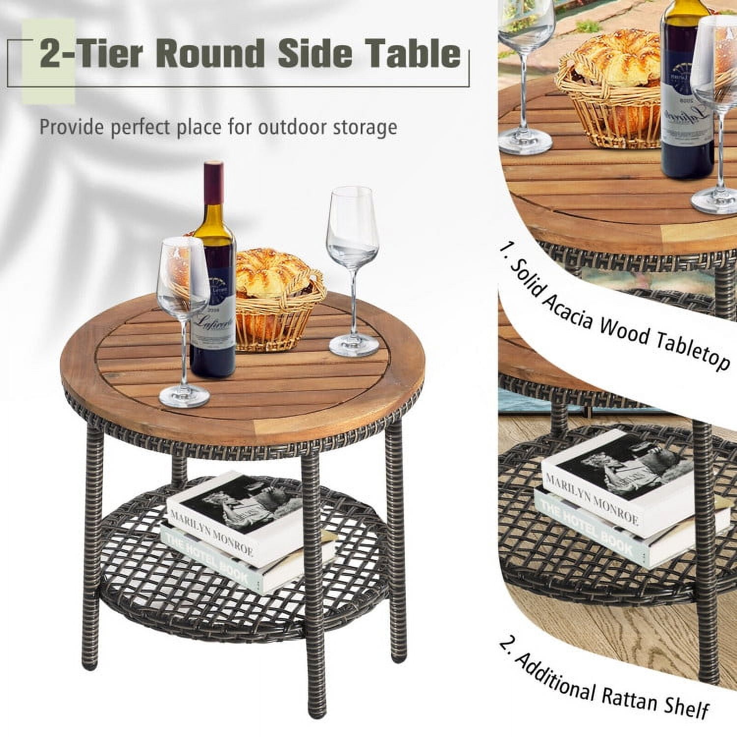 Aimee Lii 3 Pieces Patio Rattan Cushioned Conversation Set with Acacia Wood Tabletop, Outdoor Patio Furniture Aimee Lii 3 Pieces Patio Rattan Cushioned Conversation Set with Acacia Wood Tabletop, Outdoor Patio Furniture