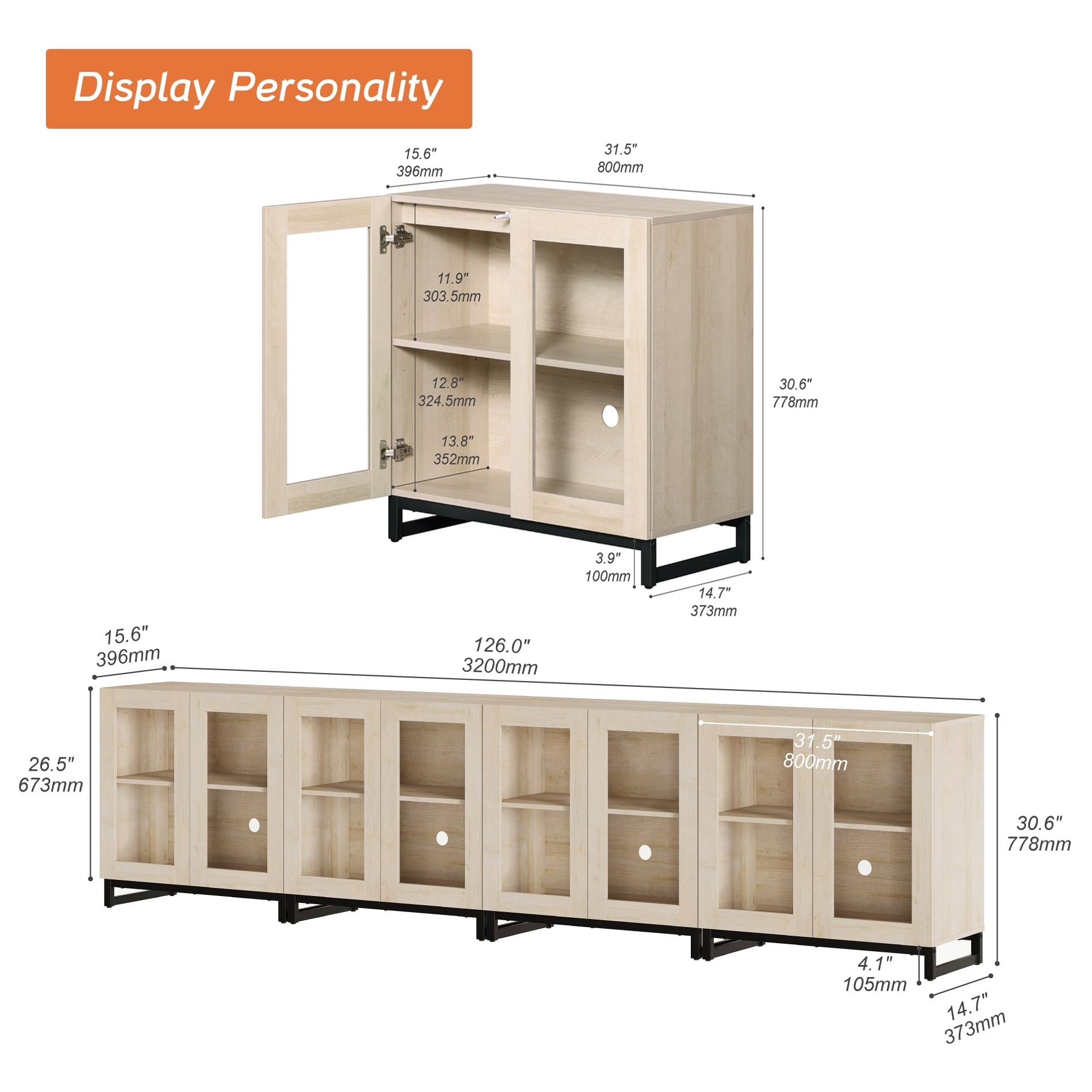 Modern 4-in-1 Modern TV Stand, Tempered Glass Doors Entertainment Center with Adjustable Shelves & Sturdy Metal Base, Media Console for up to 120 Inch TVs, Beige