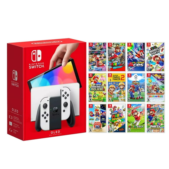 2021 New Nintendo Switch OLED Model White Joy Con 64GB Console HD Screen & LAN-Port Dock Super Mario Complete 12 Title Bundle, with Mytrix Accessories - Mario All in One Best Holiday Gift