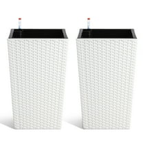 Kojooin 16” Tall Rattan Planter Set of 2 Outdoor and Indoor Plant Pots with Water Level Monitor & Wheels, Large Flower Pot with 2 Trays for Patio, Porch, Living Room, or Home Office