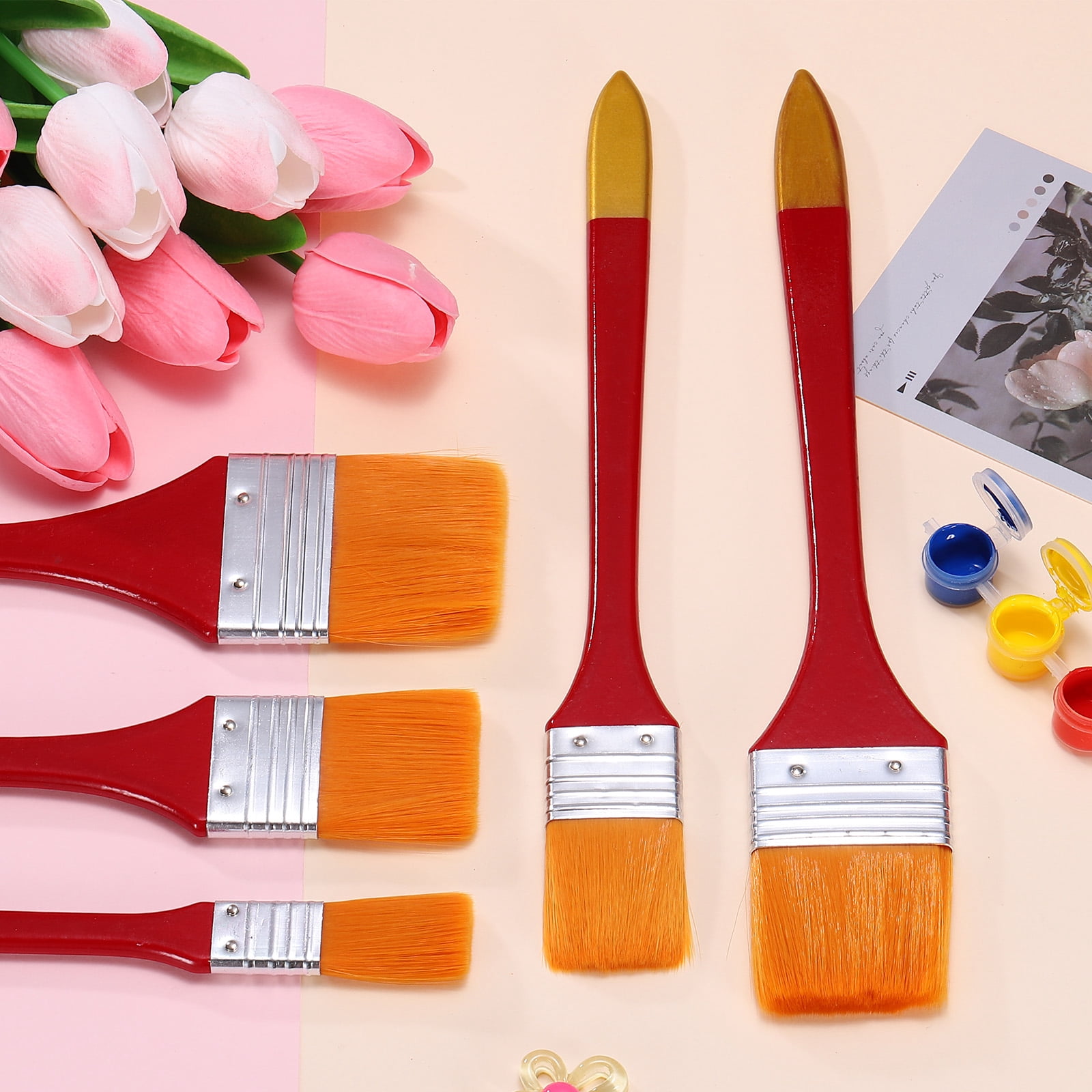 Uxcell 10 Pcs Flat Paint Brush 1.3" Width Nylon Acrylic Painting Brushes Professional Paint Tools with Wooden Handle Orange Bristles for Watercolor Oil Crafts Face Body Art, Red/Yellow