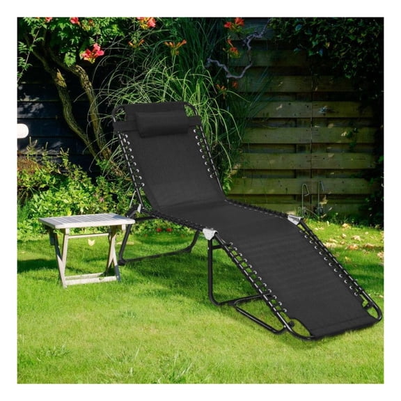 Beach Lounge Chair with Pillow, Folding Heightening Patio Chair - Adjustable Backrest, Sturdy Steel Frame, 265lbs Capacity, Portable Outdoor Lounger