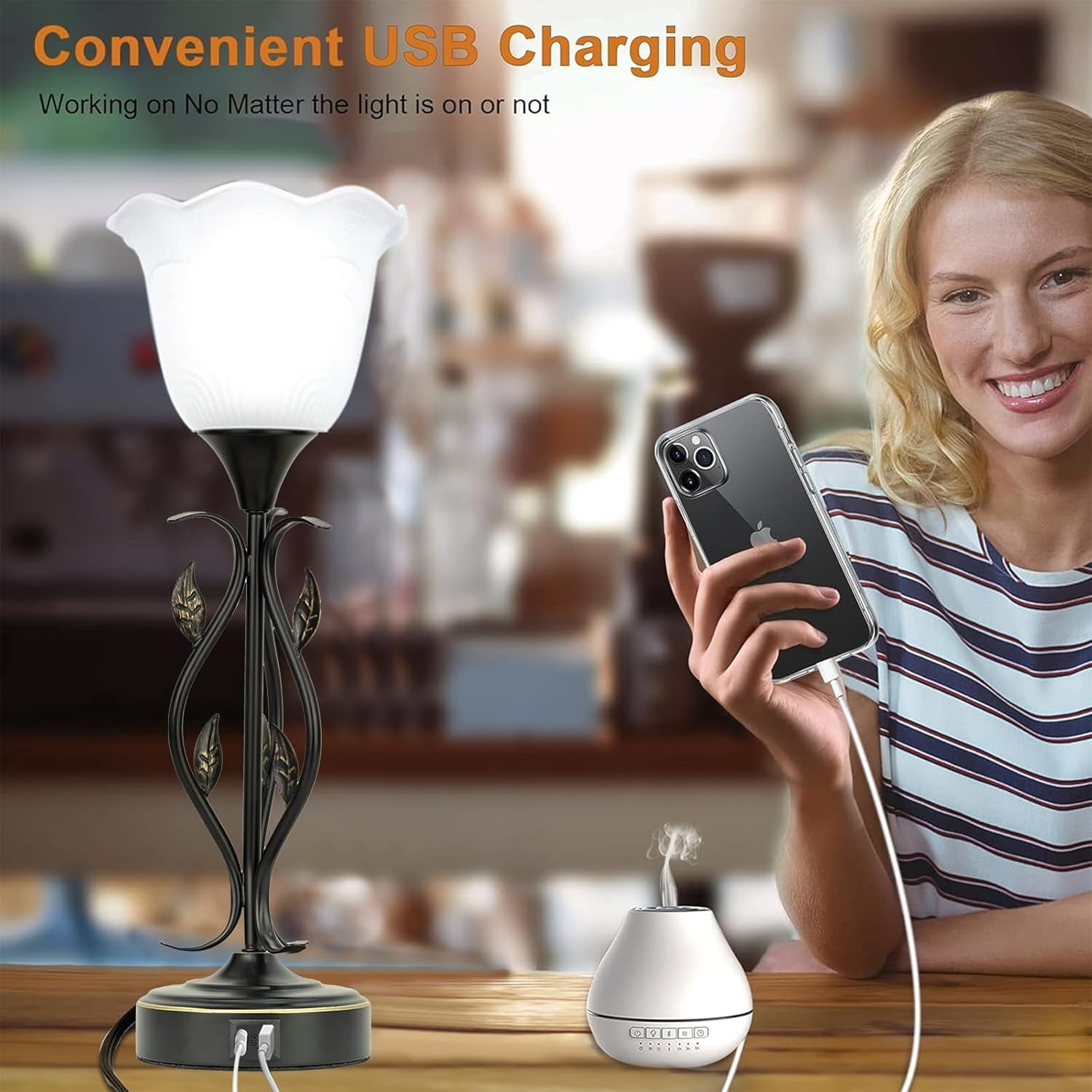 Table Lamp,Bedside Lamps Set of 2, Table Lamp with USB Port 3 Way Dimmable Touch lamp Torchiere Nightstand Lamps with Rustic Vines Leaf and Glass Flower Shade lamp for Bedroom, Living Room, Office