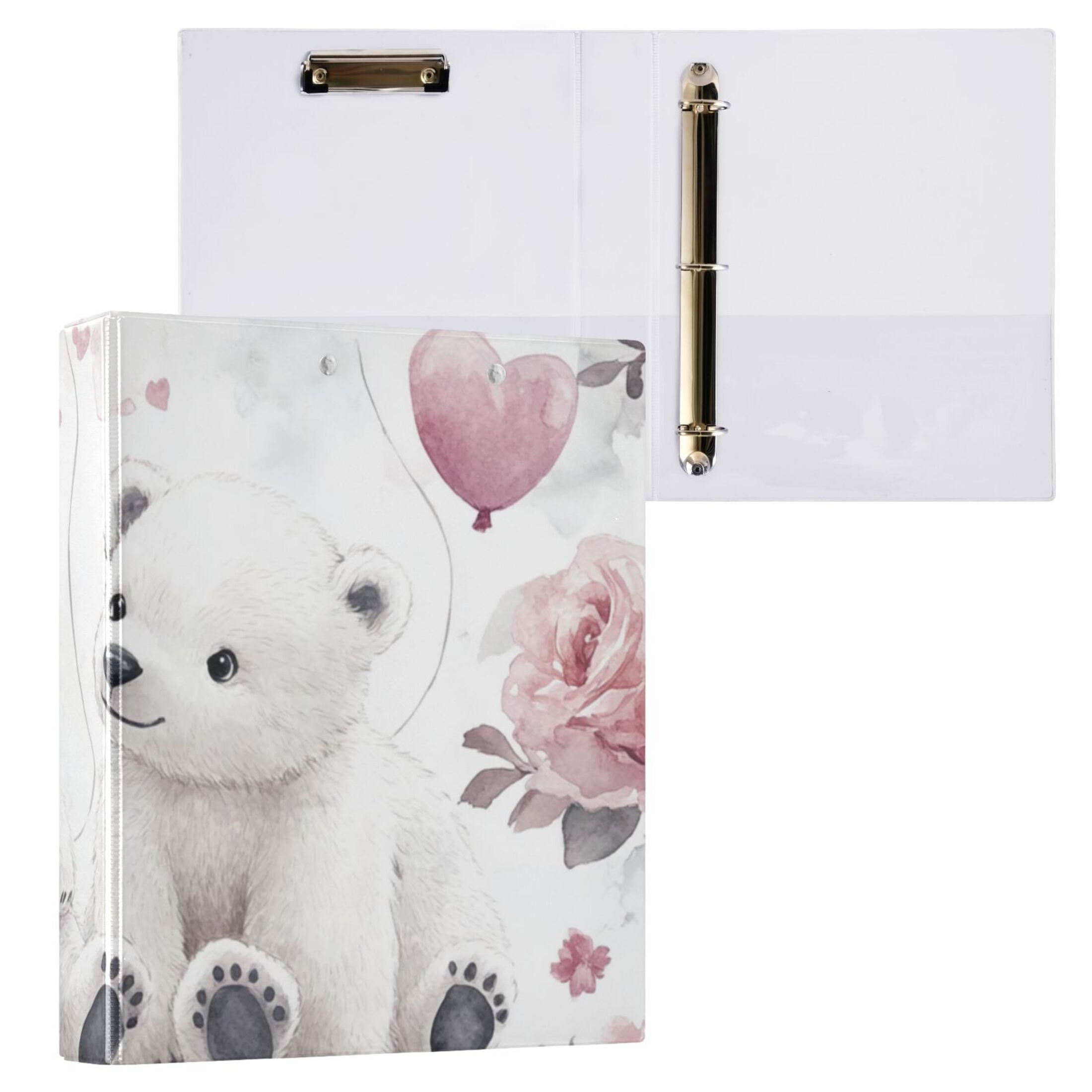 White Bears Roses 3 Ring Binders 1.5 inch Hardcover File Folders with Interior Pockets A4 Size Organizer for School Office Hospital