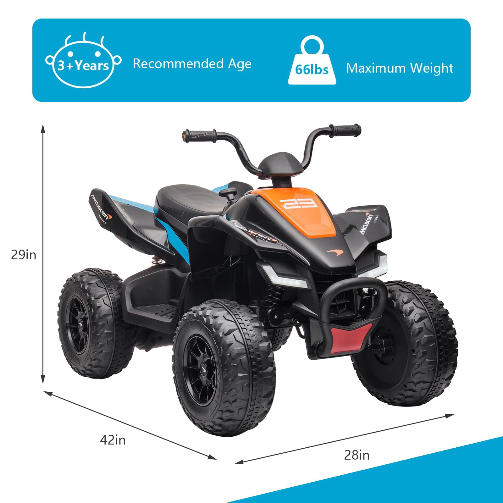 24V Battery Powered, 4-Wheeler Quad Car Toy ATV for 3-8yrs, Electric Off-Road Car with 2 Speeds, LED Lights, Bluetooth, MP3