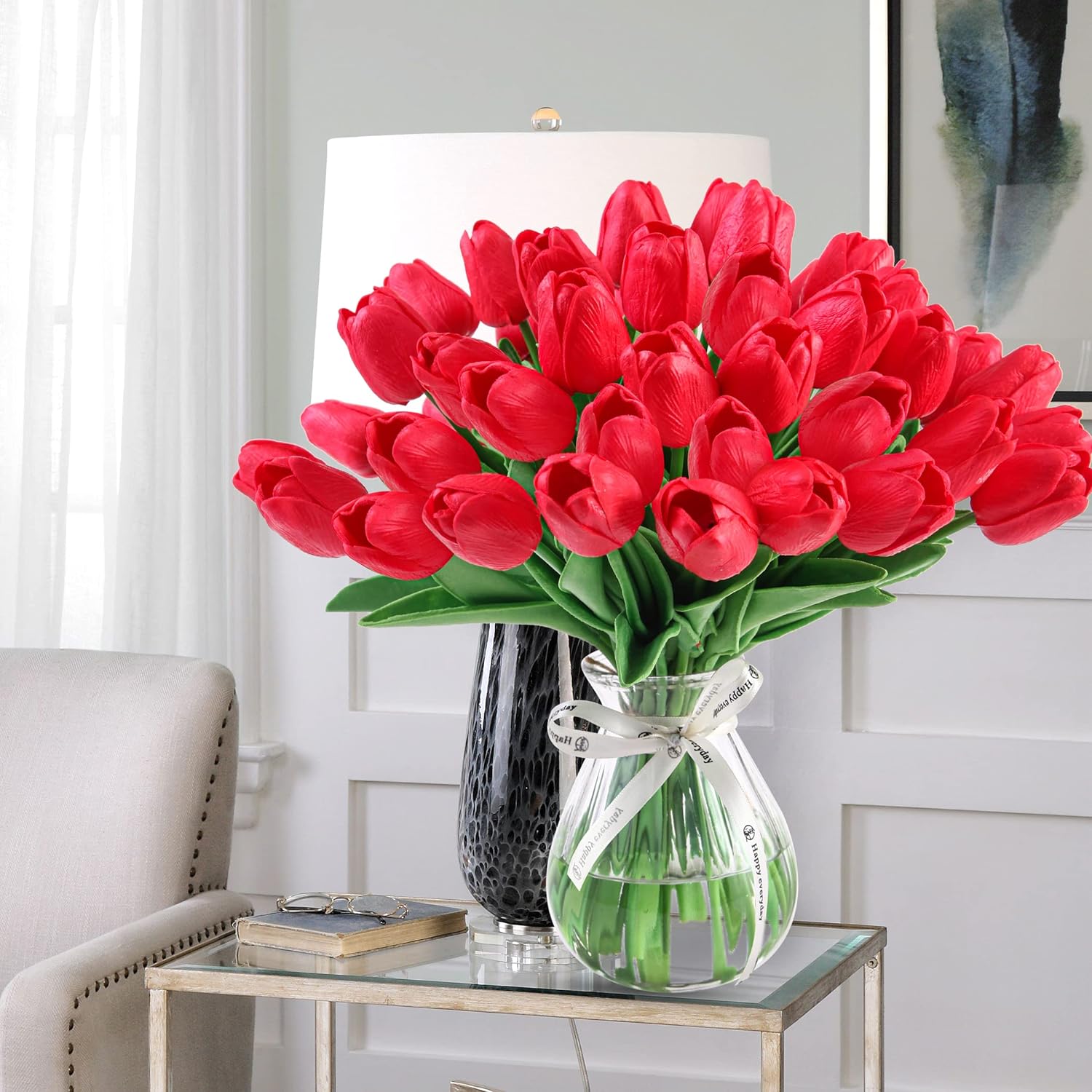 Morttic 24pcs Artificial Tulips Flowers Fake Faux PU Tulip Bouquet Real Touch Flowers Table Arrangement for Home Room Office Party Wedding Decoration (Red)
