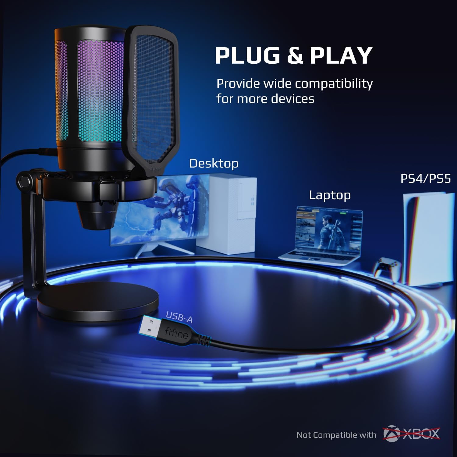 FIFINE Gaming Microphone for PC Computer PS5 PS4 Laptop, USB Streaming Microphone with RGB, Condenser, Mute Button, Gain Control for Recording-A6NEO