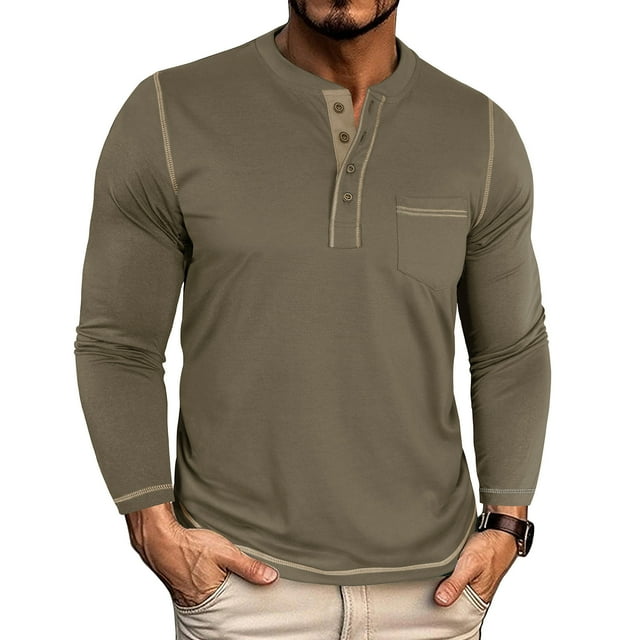 pstuiky camisas de manga larga para hombre, Camiseta informal de manga larga con cuello redondo y bolsillos abotonados para hombre, color liso, transpirable camisetas de hombre l