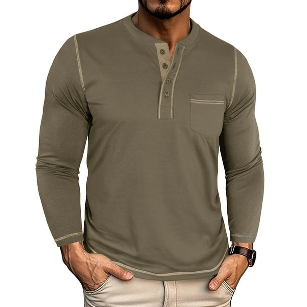 pstuiky Camisas casuales de manga larga para hombre, Camiseta informal de manga larga con cuello redondo y bolsillos abotonados para hombre, color liso, transpirable tops de invierno para hombre xxxl