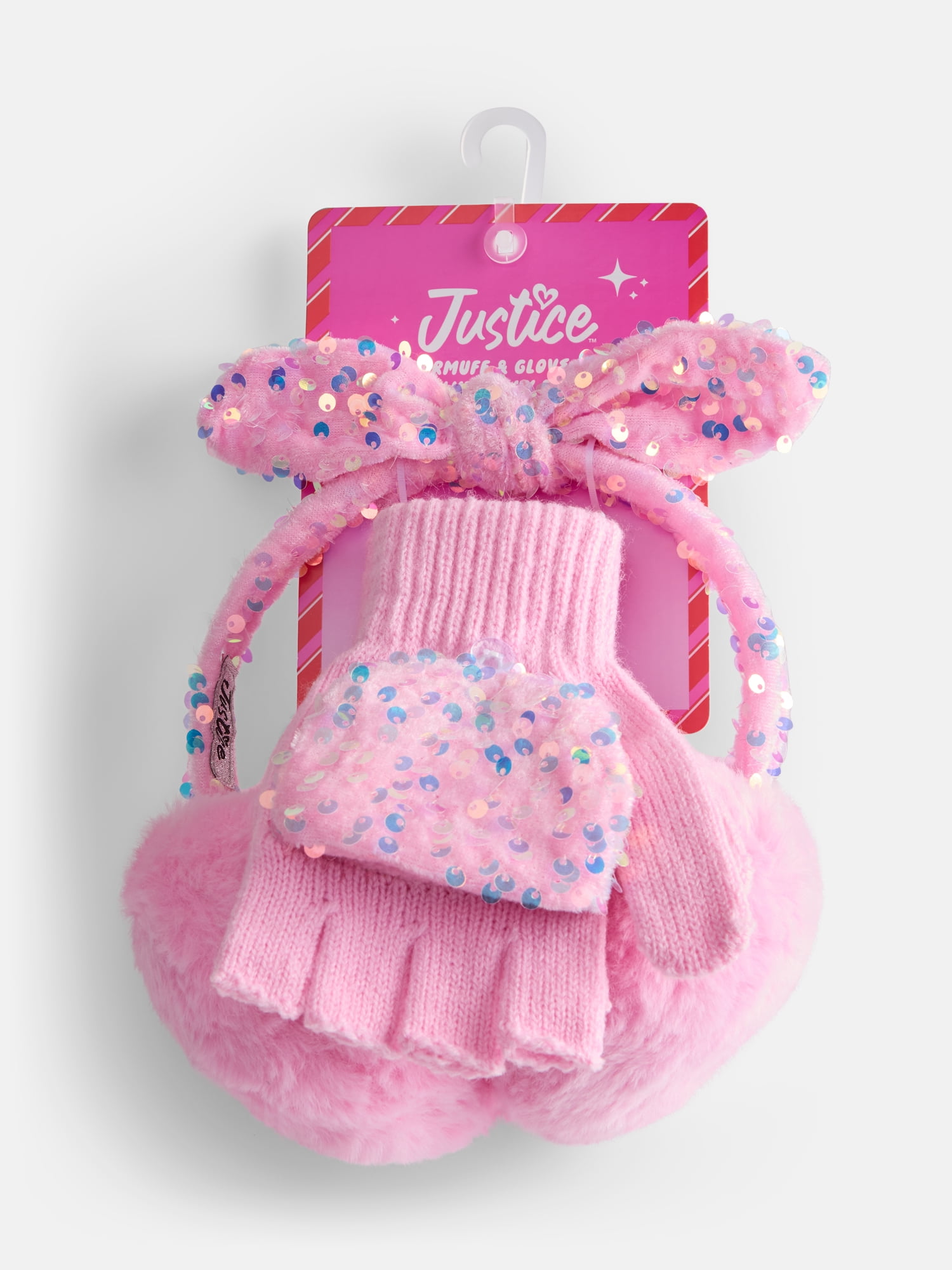 Justice Girls Velvet Sequin Bow Faux Fur Earmuff and Flip Top Glove Set, Pink