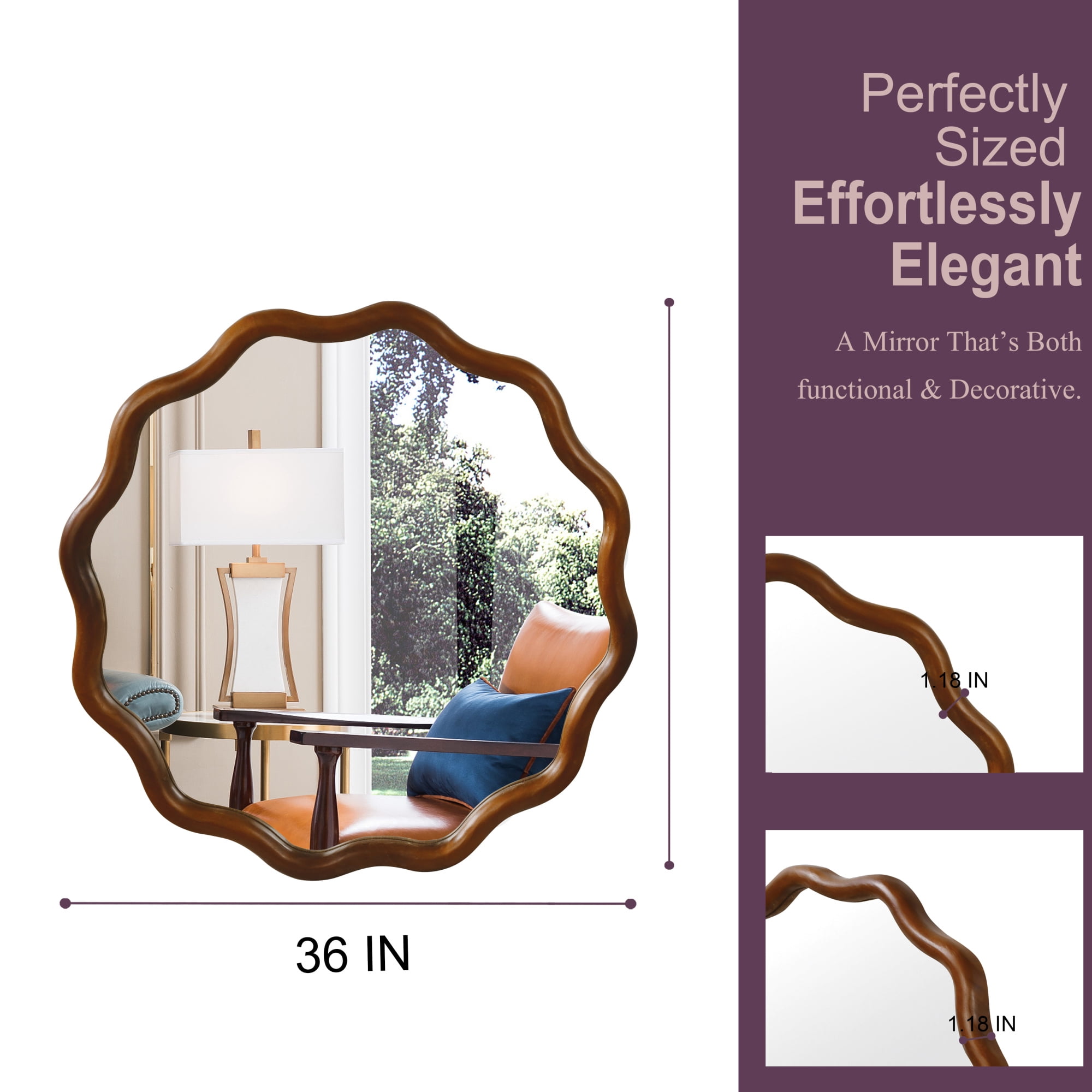 Leumius 36" Wavy Round Mirror, Solid Wood Frame Decorative Mirror for Bedroom Bathroom Living Room Entryway Dark Walnut
