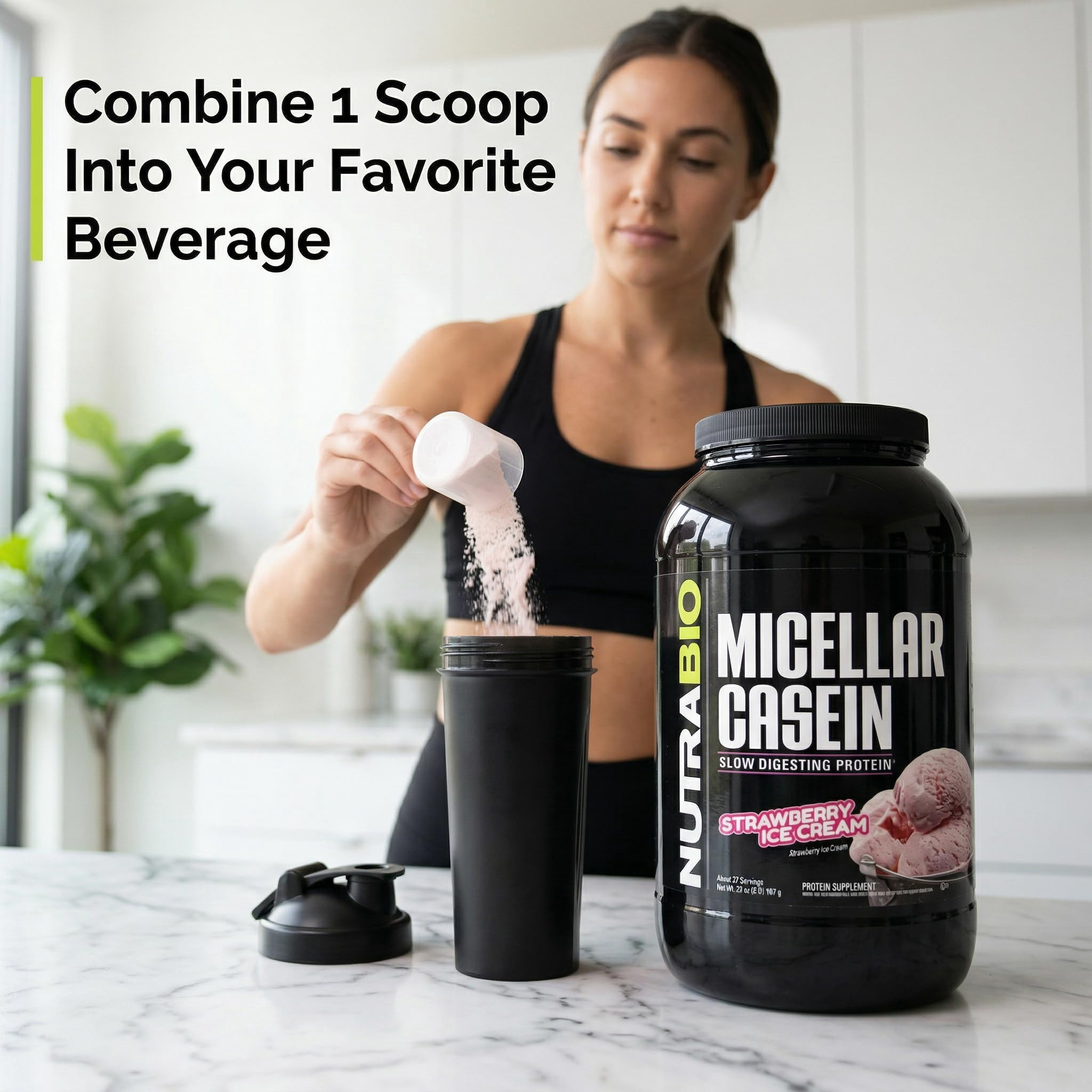 NutraBio Micellar Casein Protein Powder-Casein Protein Powder Strawberry- Slow Digesting - Muscle Growth - Essential Amino Acids - Non-GMO - Gluten & Soy Free-2 lbs Strawberry Ice Cream