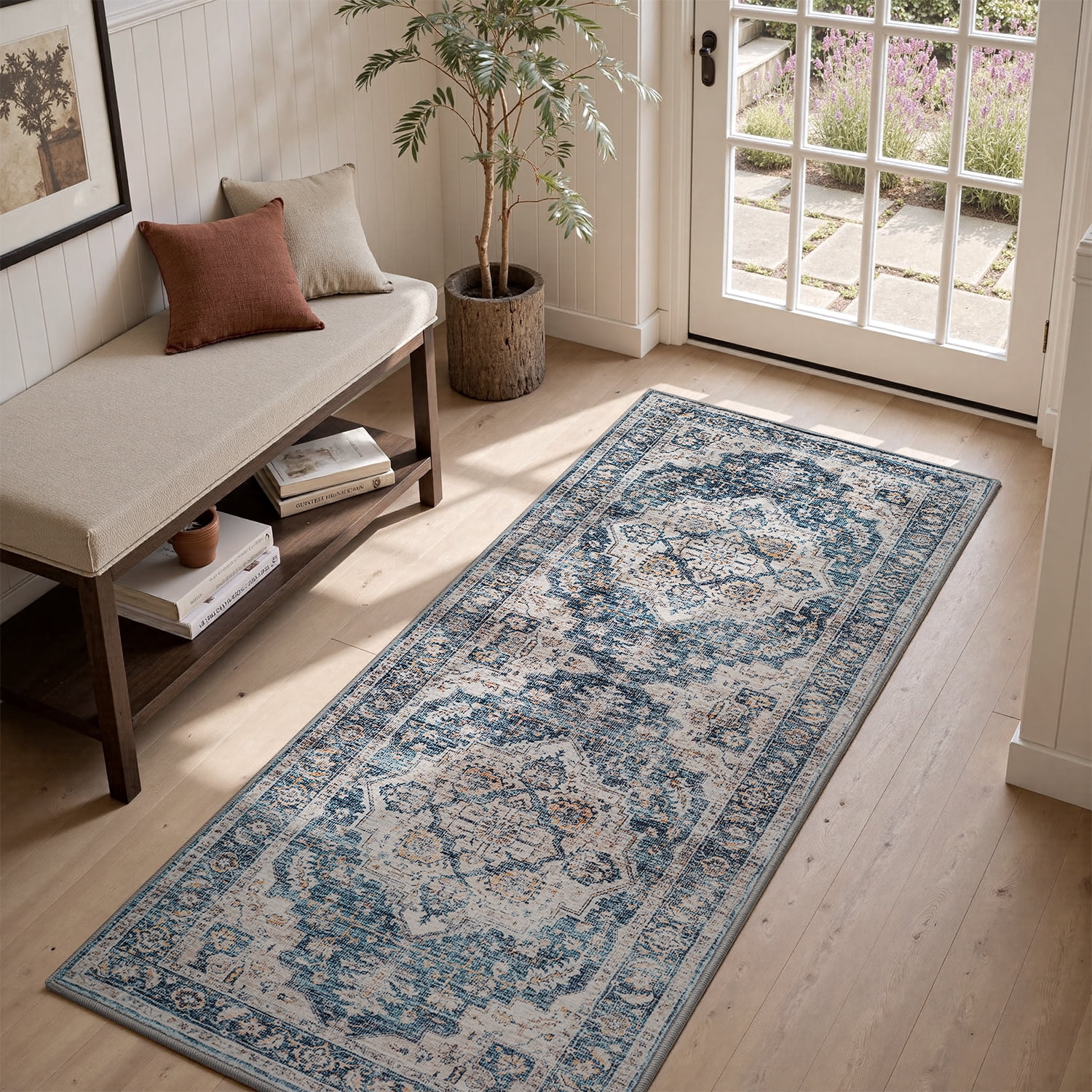 SIXHOME 3-Piece Kitchen Rugs and Runner Set Washable Vintage Kitchen Mat Non-Slip Low-Profile Rugs for Kitchen Sink Laundry Bedside 20"x32"+20"x48"+20"x59" Blue