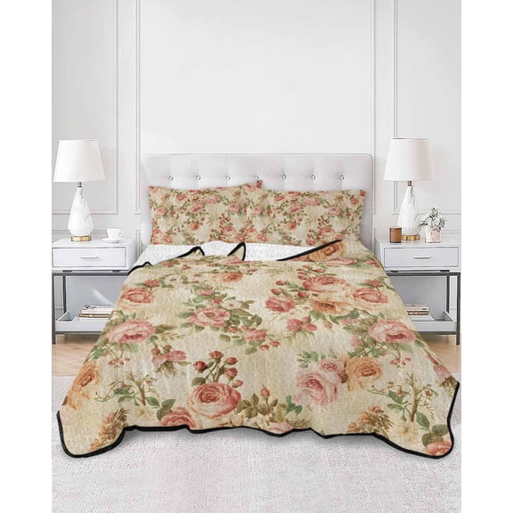 Twin Quilt Bedding Set Pink Rose Vintage Linen Summer Quilt Lightweight Quilted Coverlet with 2 Pillow Shams, Classic Floral Leaves Plant 3-Piece Bedspread Quilt Set for All Season