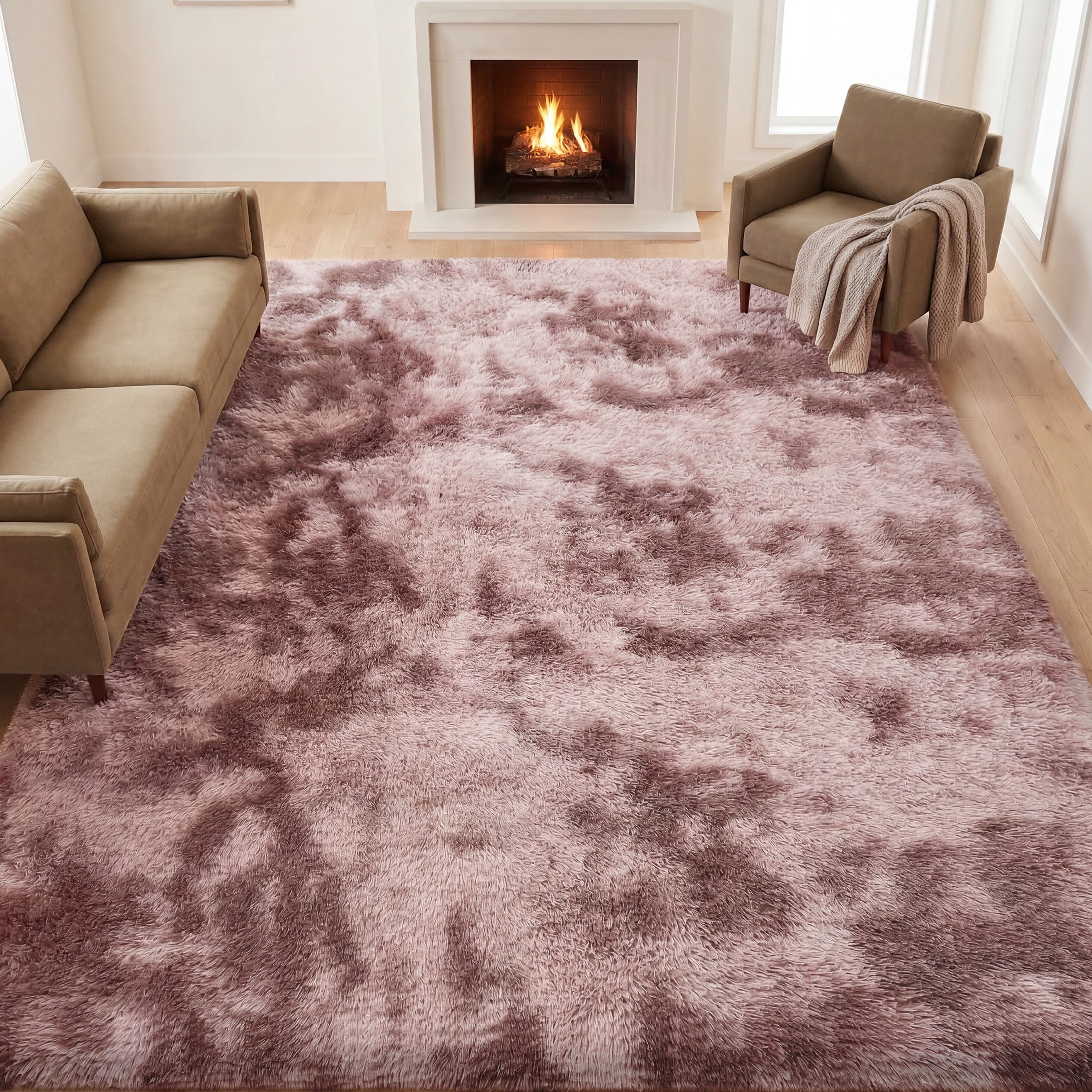 Nefoso Shag Area Rug, 9ft x 12ft Soft Fluffy Tie-Dye Area Rugs for Living Room Bedroom Decor Carpet, Dusty Pink / Blush Pink