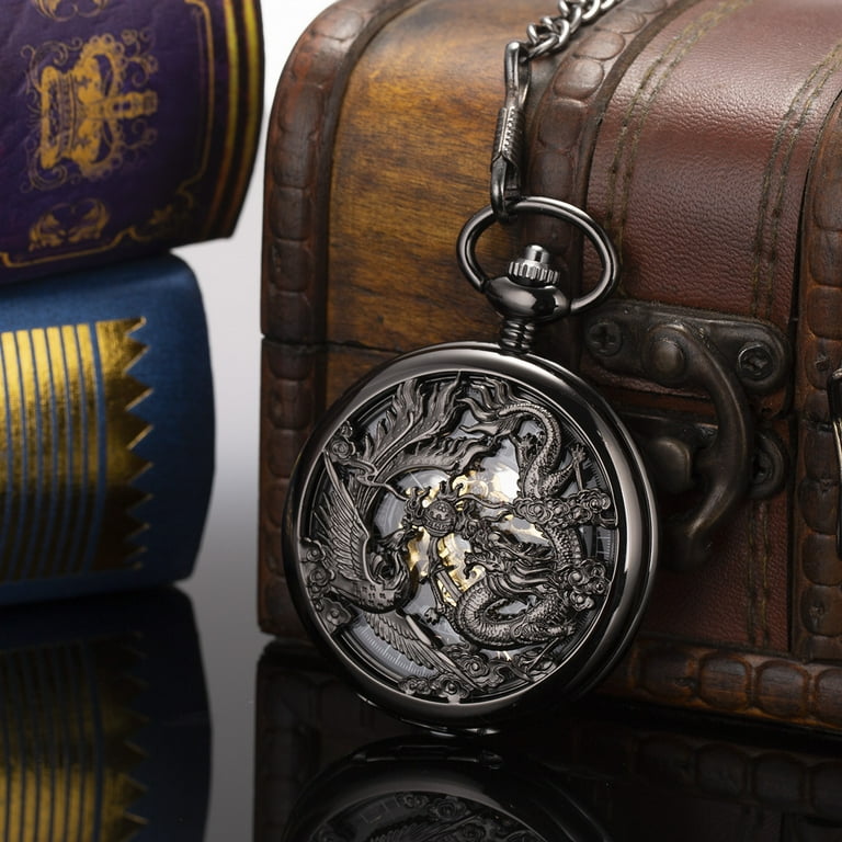 ManChDa Antique Hand Wind Dragon Pocket Watch for Men with