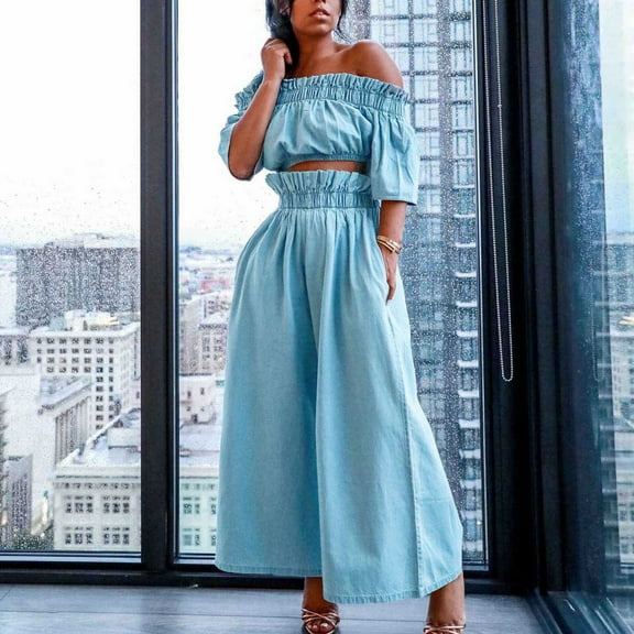ZZwxWA Summer Women 2 Piece Outfits Off Shoulder Ruffle Crop Top and Wide Leg Pants Lounge Sets Sexy Denim Tracksuits