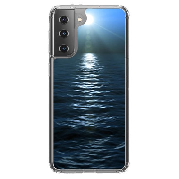 DistinctInk Clear Shockproof Hybrid Case for Galaxy S21 5G (6.2" Screen) - TPU Bumper, Acrylic Back, Tempered Glass Screen Protector - Blue Water Ocean Horizon