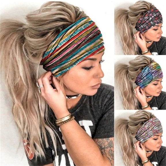 Boho Bandeau Headbands Wide Knot Hair Scarf Floral Printed Hair Band Elastic Turban Thick Head Wrap Stretch Fabric Cotton Head Bands Thick Fashion Hair Accessories for Women Pack of 4 (Boho)