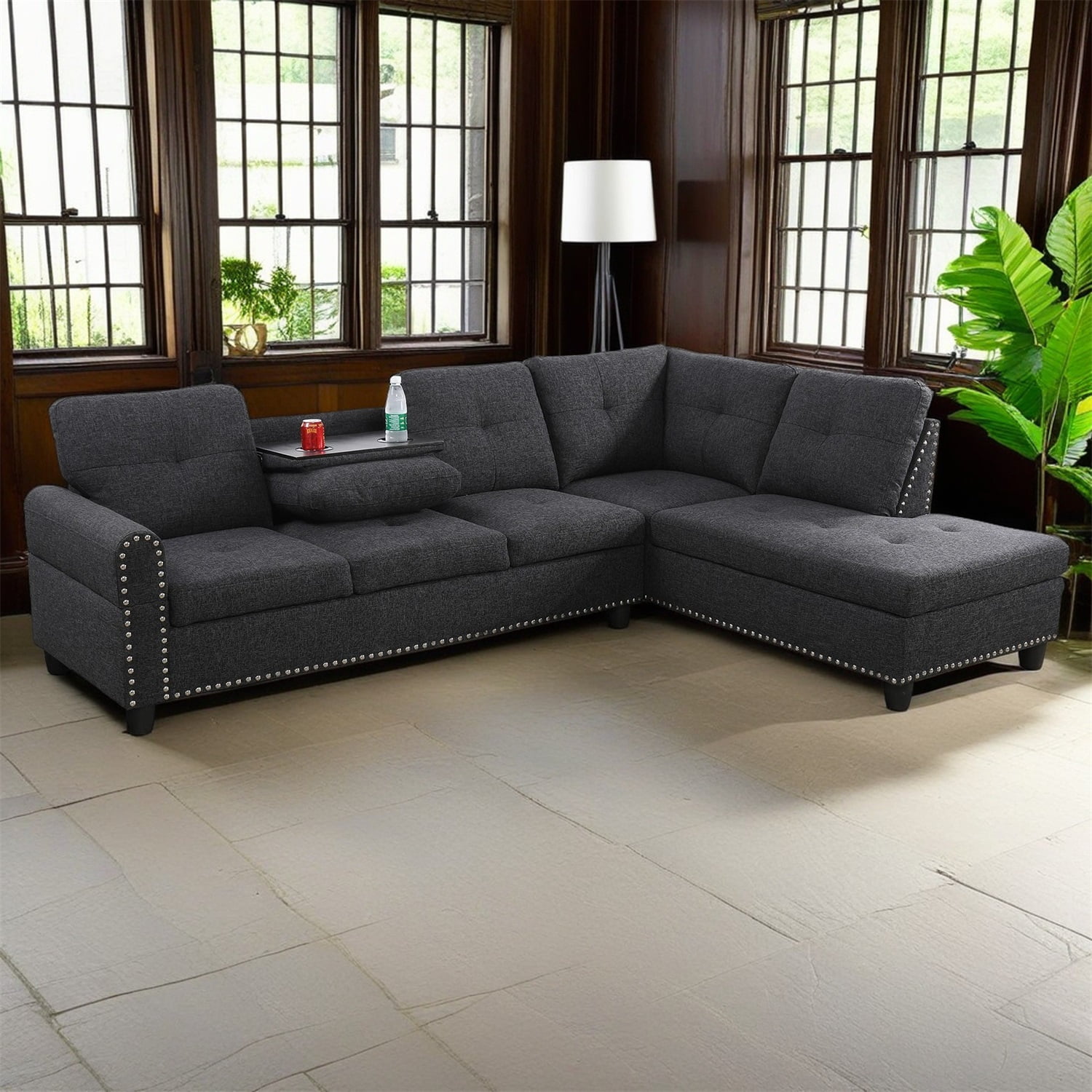 Hommoo Sofa Set, Linen 2-Piece Sofa Living Room Sofa Set,L-Shaped Living Room Couches,Black Grey