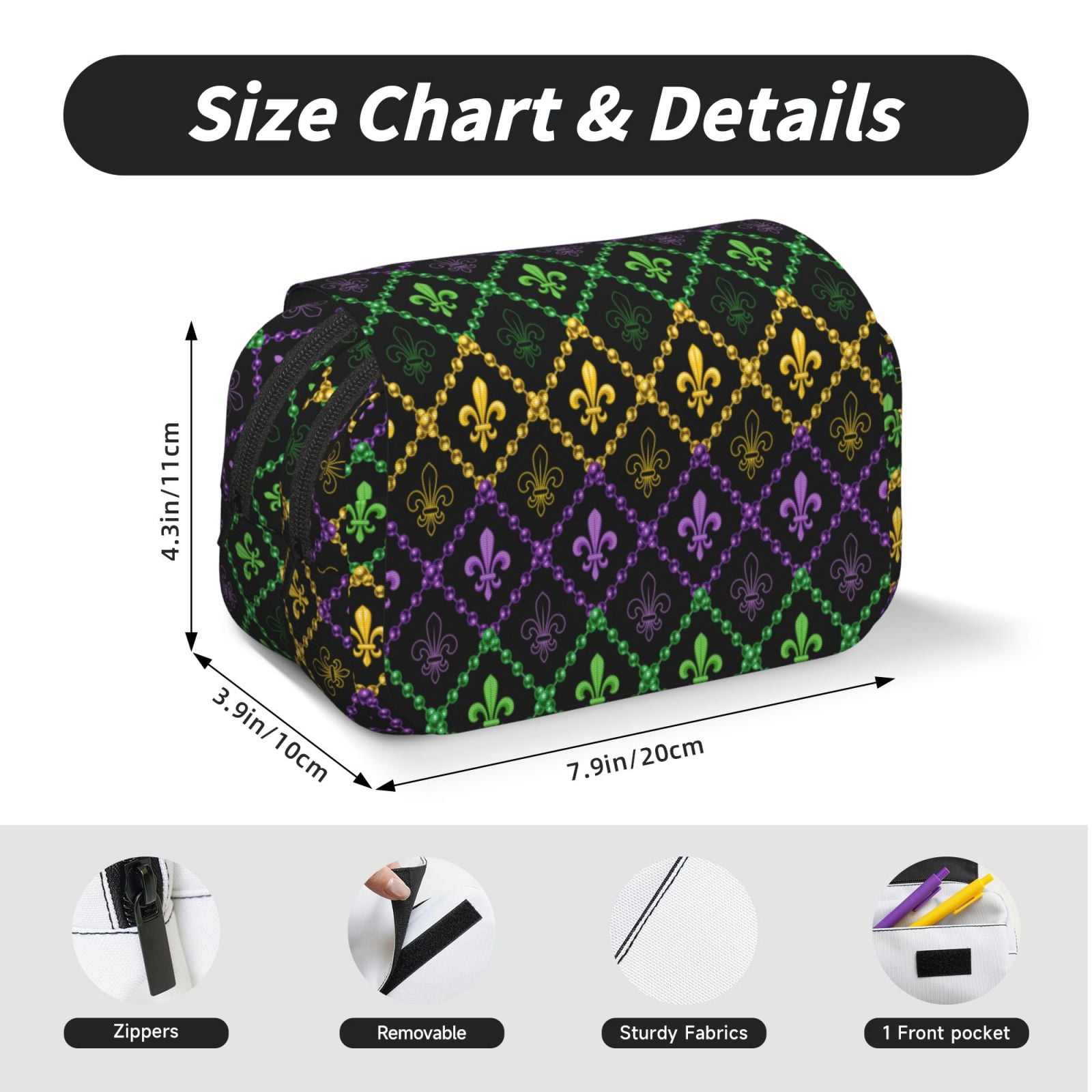 Rateoe Mardi Gra Geometric Pattern Double Clamshell Pen Case, Storage Organizer with Two Zipper Compartments– Holds Up to 50 Pencils & Pens