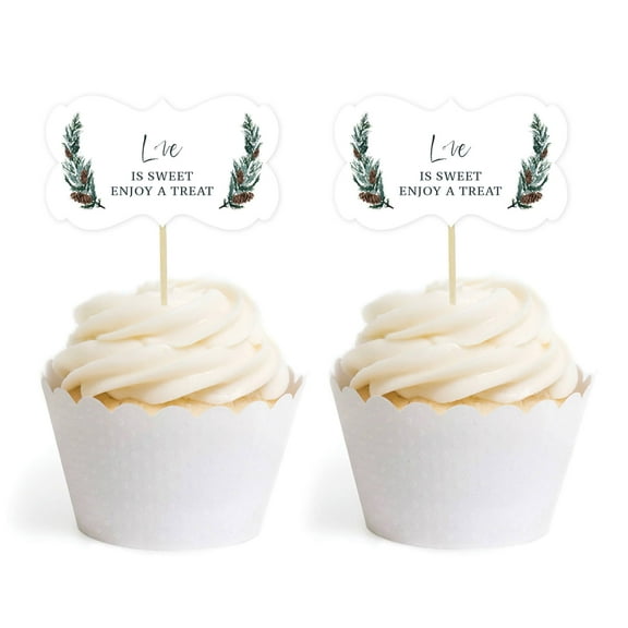 Koyal Wholesale Winter Snowy Woodland Forest Watercolor, Cupcake Topper DIY, Fancy Frame Shape, Enjoy a Treat, 18-Pack