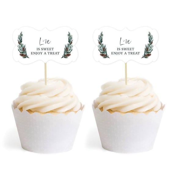 Koyal Wholesale Winter Snowy Woodland Forest Watercolor, Cupcake Topper DIY, Fancy Frame Shape, Enjoy a Treat, 18-Pack
