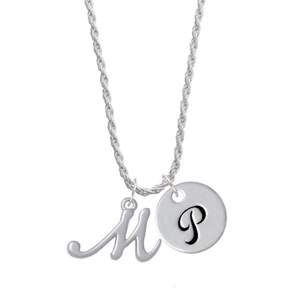 Delight Jewelry Silvertone Small Gelato Script Initial - M - Silvertone Script Initial Disc - P - Charm Necklace, 20" 3"