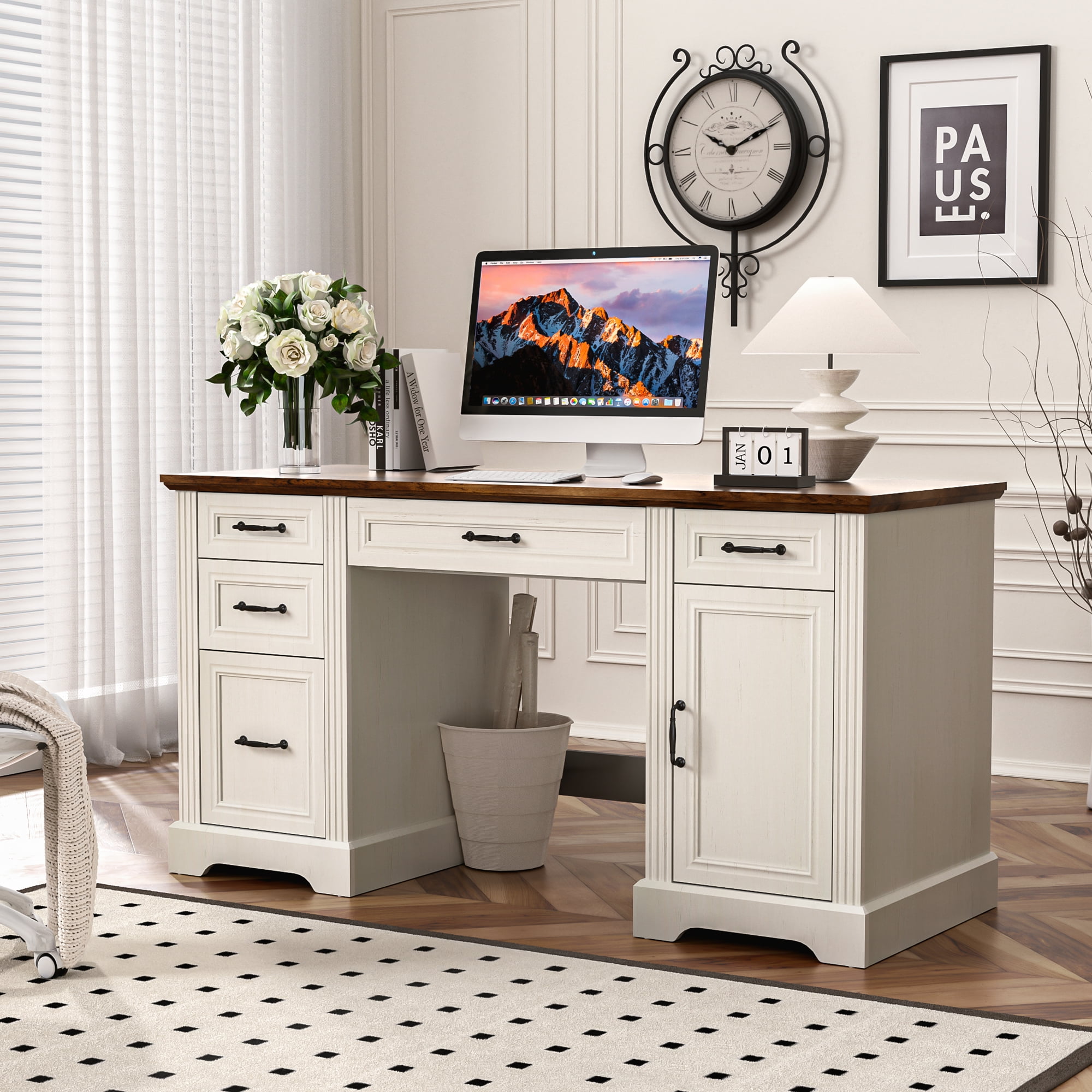 AHB 58-Inch Executive Desk, Farmhouse Computer Desk with Drawers and Storage Cabinet, Wooden Home Office Desk Workstation, Study Writing Desks, White & Brown