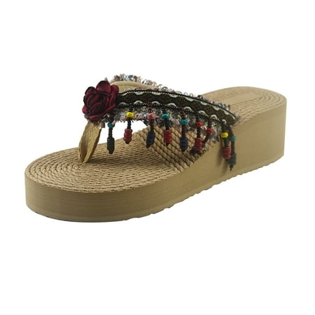 

Fesfesfes Flip Flops for Women Open Toe Flats Sandals Applique and Bead Chain Decor Boho Sandal Casual Dressy Beach Sandals