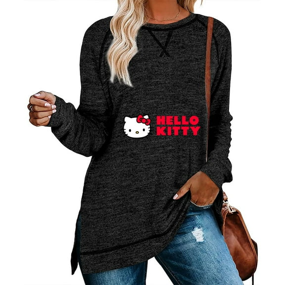 Hello Kitty Womens Sweatshirts Crewneck Loose Fitting Tops For Women Long Sleeve Shirts Pullover Black