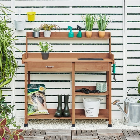 Renwick Garden Potting Table with Sink Drawer Rack Shelves, Brown