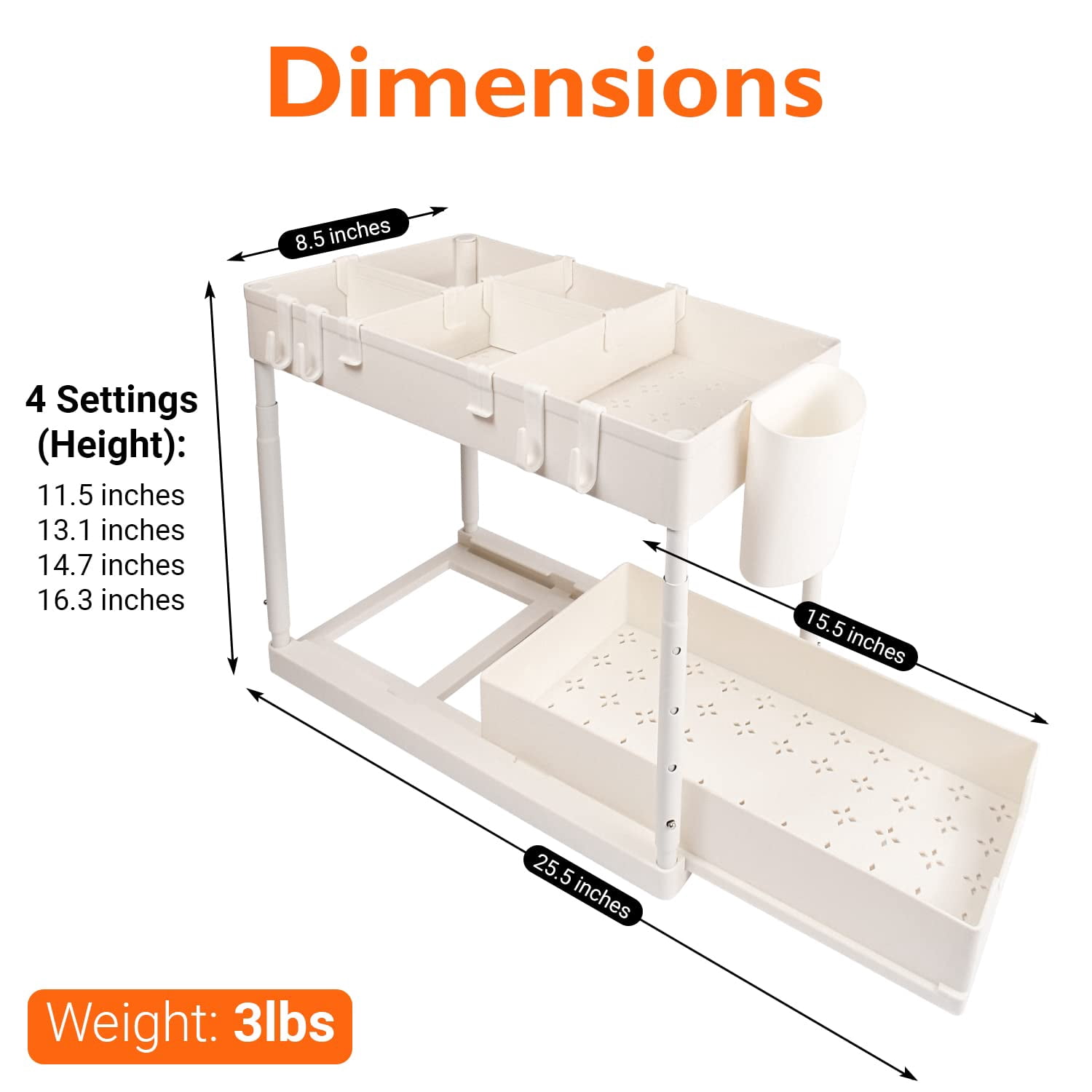 Cutting Ej Under Sink Organizer and Storage - 2 Tier Adjustable Height Kitchen, Bathroom, Pantry Storage & Organization Shelves - Pull Out Under Cabinet Organizer for Kitchen Cleaning Supplies, White