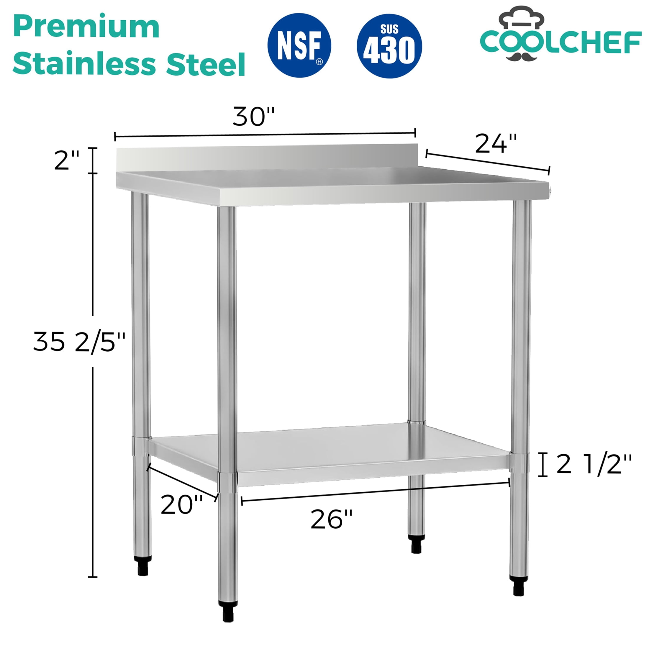 JERFIT 24x30 Inch NSF Stainless Steel Prep Table with Undershelf, 18-Gauge Commercial Kitchen Work Table with Backsplash