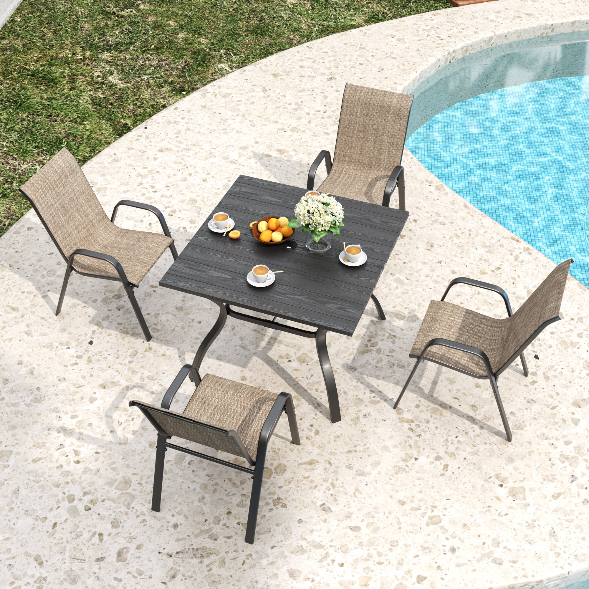 4-Piece Outdoor Dining Chair with Wide Ergonomic Seat, 350 lb Capacity Heavy Duty Metal Frame, Waterproof Teslin Fabric & Rust-Resistant, Ergonomic Lumbar Support for Patio, Brown