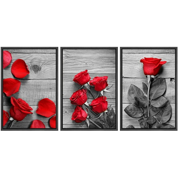 wall26 3 Panel Framed Canvas Wall Art - Black and White Roses with Touch of Red Color - Giclee Print Gallery Wrap Modern Home Art Ready to Hang - 16"x24"x3 Black