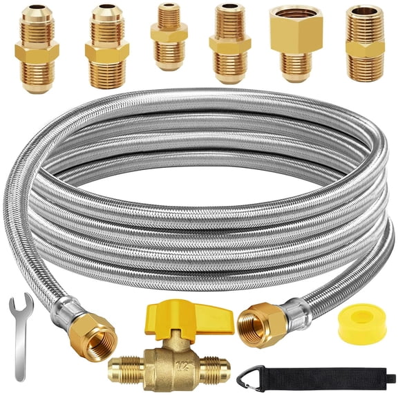 12 FT High Pressure Braided Propane Hose Extension with Conversion Coupling 3/8" Flare to 1/2" Female NPT, 1/4" &1/8" Male NPT, 3/8" Brass Fittings Male Flare Ideal for Heater, Fire Pit,BBQ Grill
