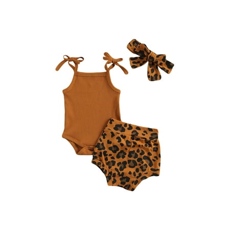 

Xingqing Summer Baby Girls Leopard Print Knit Romper Shorts Headband Outfits Brown 0-3 Months