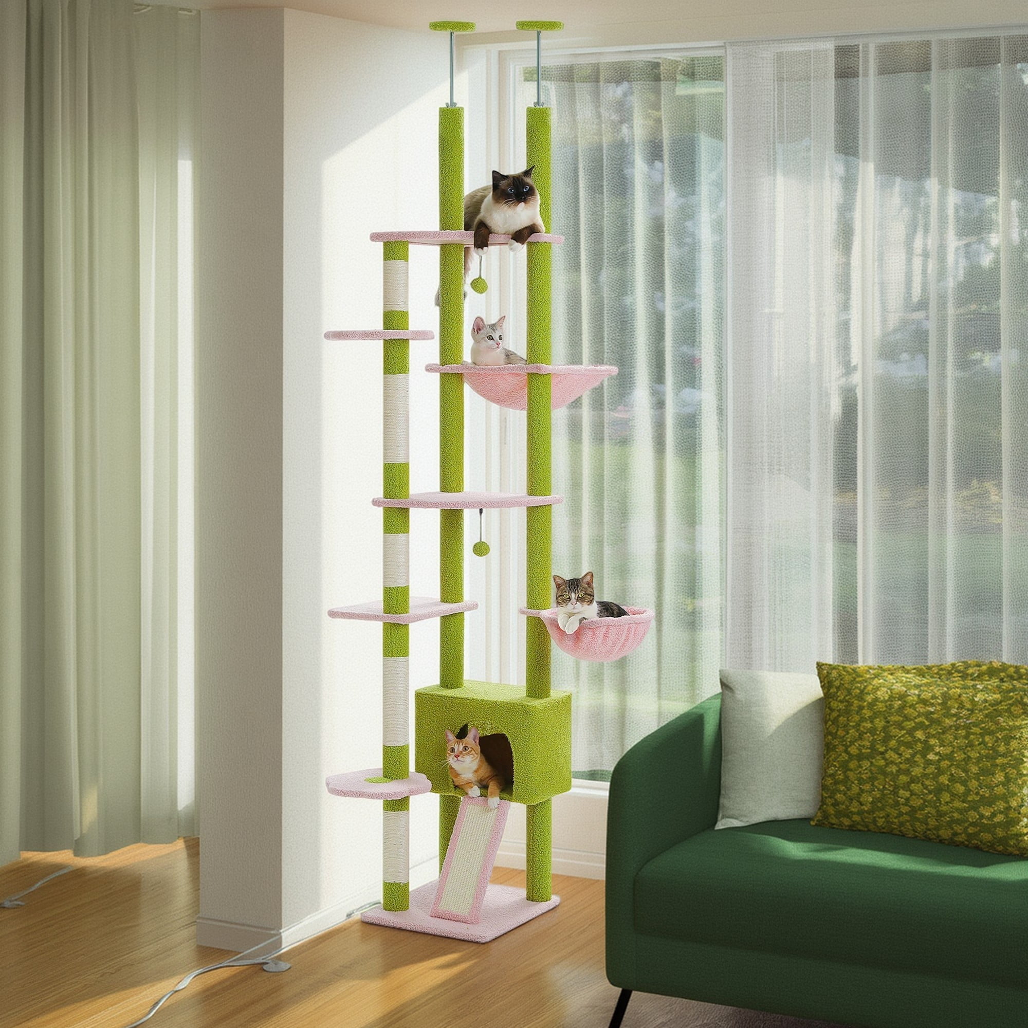 Pefilos Floor to Ceiling Tall Cat Tree Tower Adjustable (90.5"-100.4") with Cat Condo, Cat Hammock and Scratching Post, Cat Climbing Tree for Indoor Large Cats, Light Green